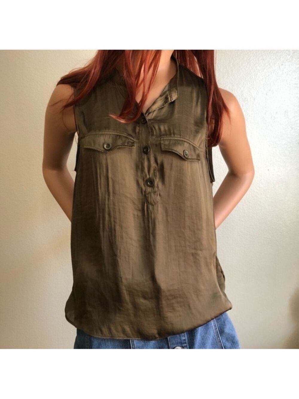 H&M Olive Green Satin Sleeveless Button Up Blouse